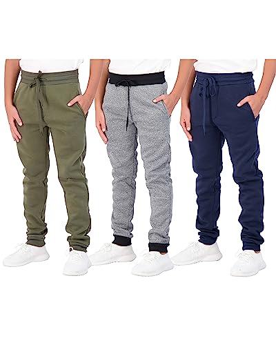 3 Pack: Boys Girls Youth Teen Active Athletic Basic Soft Tech Sports Fleece Jogger Soccer Track Gym Running Slim Fit Tapered Sweatpants Casual French Terry Quick Dry Fit Pockets-Set 1,L(14/16) #TOP2