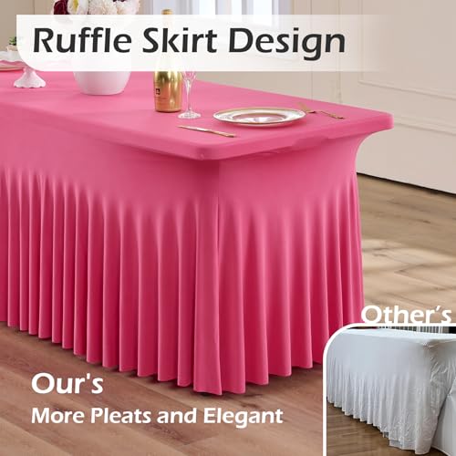 Image of NSSONBEN 2 pk Hot Pink Spandex Tablecloth for 6 Foot Rectangle Tables, Wrinkle Free Fitted Spandex Table Covers 6ft Stretch Table Cloths with Ruffle Skirt for Parties Weddings Banquet Baby Shower