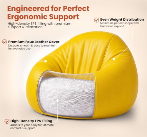 Image of Sattva Classic 4XL Bean Bag Chair with Beans Filled | Sofa Style Faux Leather Beanbags with Beans | Comfortable Bin Bags Sofa for Adults & Teens, Living Room & Office | Yellow
