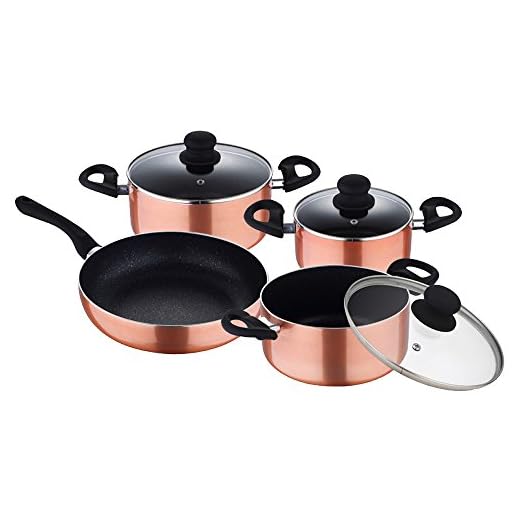 Batería de cocina color bronce 7 piezas: Sartén Ø26 cm; Ollas con tapa de vidrio de Ø16 (1,25 litros), Ø20 (3,3 litros), y Ø24 (4,5 litros)