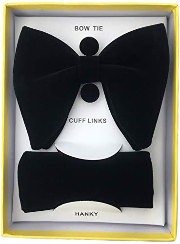 Mens Pre-Tied Oversized Bow Tie Tuxedo Velvet Bowtie Cufflinks Hankie Combo Sets (Black) #TOP1