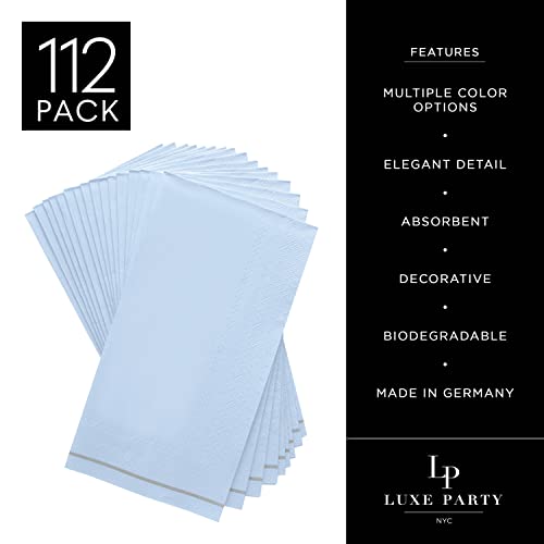 Luxe Party 112 Pack Dinner Napkins, Disposable, Premium 3 Ply Paper, Rectangular, Decorative Guest Place Setting, Ice Blue with Silver Stripe