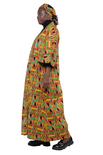 Satsuma Women\'s Long Kimono Robe, 2 Deep Pockets with Matching Headwrap, African Trench Coat, Kente Cardigan Jacket Afrocentric, One Size