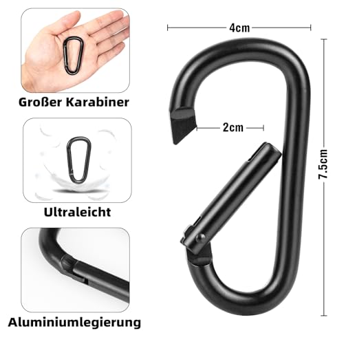 pullther 10 Stück Aluminium Karabinerhaken, 75mm/2.95’’ Karabinerhaken groß, Korrosionsbeständige D-Ring Karabiner Schlüsselanhänger für Outdoor Sport, Wandern, Camping, Angeln - Schwarz