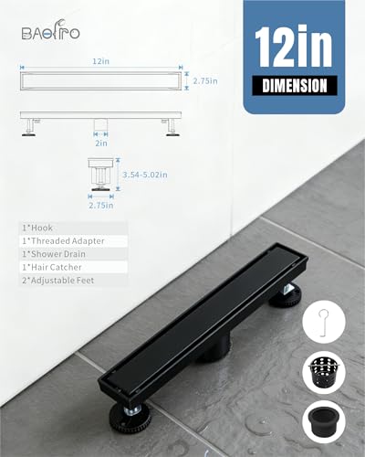 Image of 12 Inch Matte Black Linear Shower Drain | CUPC Certified 2-in-1 Tile Insert for Curbless Showers. 304 Steel, 15.8GPM Flow. Includes Hair Catcher & Adjustable Feet.