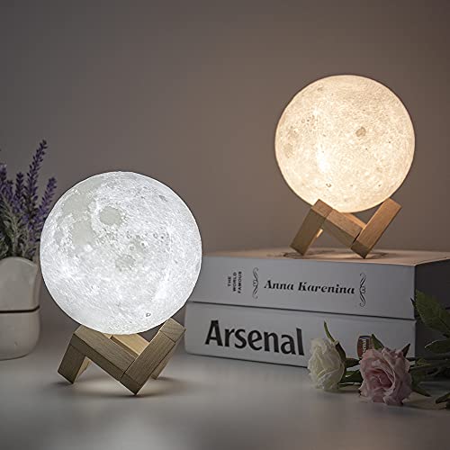 Brightworld Moon Lamp, 3D Printing Moon Light 4.7In Night Light Cool Lamp Lunar Lamp With Wooden Stand & Touch Control And Usb Rechargeable, Moon Night Light For Kids Girls Boys Friends Lover Women #TOP5