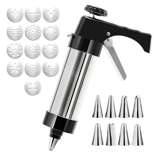 Stainless Steel Cookie Press Gun Set - 13 Discs + 8 Nozzles! All-in-One Cookie Maker & Piping Gun for Perfect Cookies & Frosting. Easy Squeeze Design!