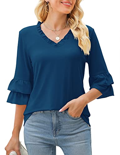 Image of TFSDOD Womens V Neck 3 /4 Bell Sleeve Tops Frill Neck Tiered Ruffle Sleeve Shirts Casual Spring Summer Loose Tunic Blouses