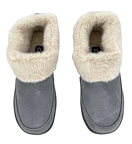 Clarks Womens Slipper Suede Ankle Bootie JMH1883 -Plush Faux Fur Collar and Lining - Indoor Outdoor House Slippers For Women (9 M US, Pewter)4