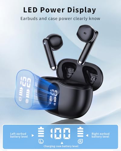 Image of Wireless Earbuds, 2026 Bluetooth 5.4 Headphones Bass Stereo Ear Buds with Noise Cancelling Mic, LED Display in Ear Earphones 50H Playtime Ear Buds, IP7 Waterproof for Laptop Pad Phones, Pure Black