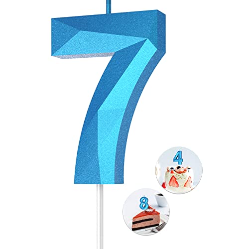 Number Birthday Candles(7 Candle Blue) 3D Diamond Shape Number Happy Birthday Cake Candles for Birthday Party Wedding Decoration Reunions Theme Party