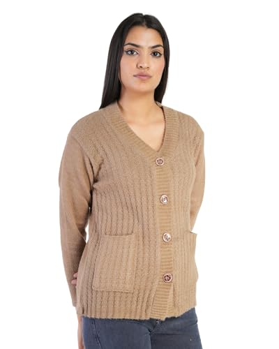 Image of MANRA Women's Woolen V-Neck Buttoned Full Sleeve Cardigan Self Design Soft Wool Fabric Winter Wear Pure Wool Sweater Fully Warm with Front Pockets Stylish Cardigan
