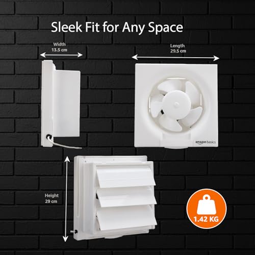 Image of Amazon Basics Ventilation 8 inch Fan | 40W | 5 Blades | 200 mm Sweep | 2.3 dB Low Noise | Window Mount | Wall Switch Control | White Plastic