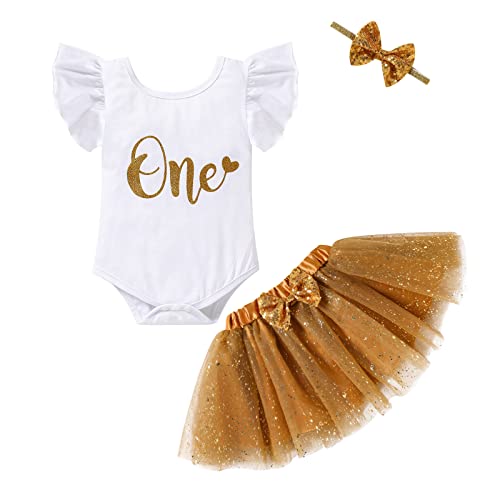 Baby Girls First Birthday Outfits Cake Smash Toddler Girl Short Sleeve Romper+Tutu Skirt Set+Headband Photo Shoot Clothes (Golden, 12-18 Months) #TOP4