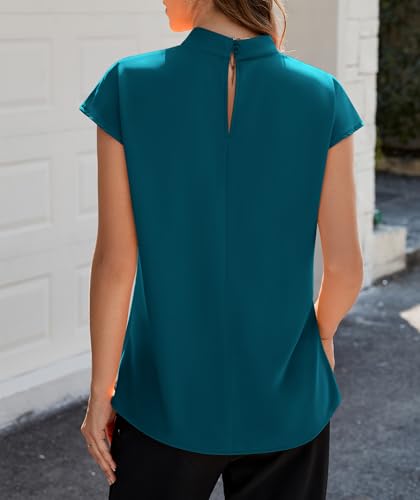 Image of Funlingo Womens Summer Tops Mock Neck Short Cap Sleeve Blouses Business Casual Work Chiffon Shirts Front Pleated Tunic Top