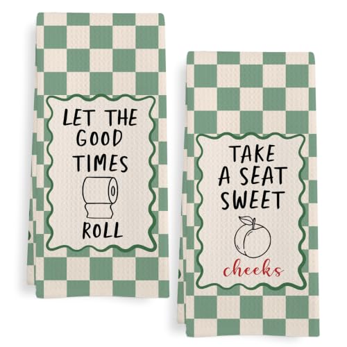 GWFSJYU Funny Bathroom Sage Green Checkered Hand Kitchen Towels Set of 2