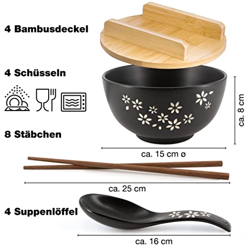 Moritz & Moritz 4x Ramen Schüssel Keramik - 600 ml - 15 cm Ø - Schwarzes Ramen Bowl Set für 4 Personen - Für Suppe, Pho und Sushi Bowl - Inkl. Stäbchen, Deckel und Löffel 2