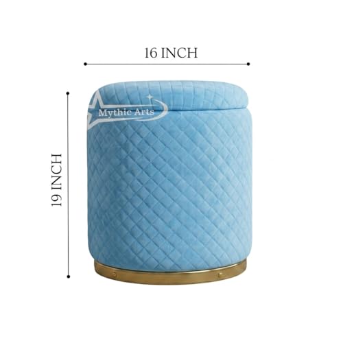 Image of Premium Round Storage Ottoman Stool 16 X 16X 19 inch, with Gold Metal Base | Luxury Pouffe with Hidden Storage | Cushioned Footrest for Living Room, Bedroom & Lounge Sky Blue
