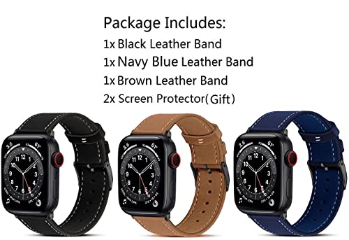 Greenpointselect (3 Pack) Compatible with Apple Watch Band 45mm 44mm 42mm, G.P Genuine Leather Replacement Strap Series 7/6/5/4/3/8/9/SE, Blue Brown Black Adapter, 2x Screen Protector As Bonus