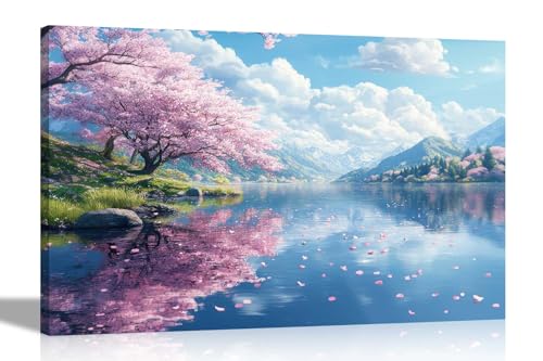 Image of Artley Prints - Summer Lake Mountain Landscape Framed Canvas Wall Pictures Art for Living Room Conservatory Hallway Extra Large 101 x 76cm (40 x 30 inches)