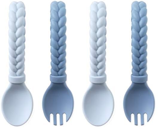Itzy Ritzy Juego de cuchara y tenedor de silicona el juego de utensilios para bebé cuenta con un tenedor y cuchara con asas trenzadas y bucles hecho
