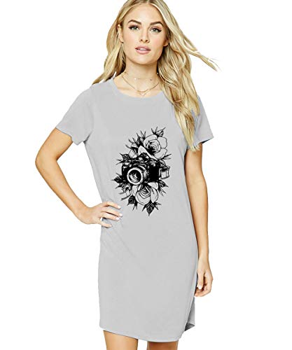 Image of Caseria Women's Round Neck Cotton T-Shirt Dress with Printed Graphics and Side Pockets - Flower Camera