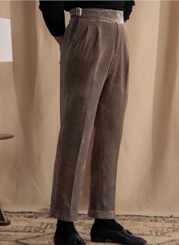 VENYNG Men's High Waisted Corduroy Dress Pants Autumn Adjustable Waist Business Casual Pants for Men Straight Fit2