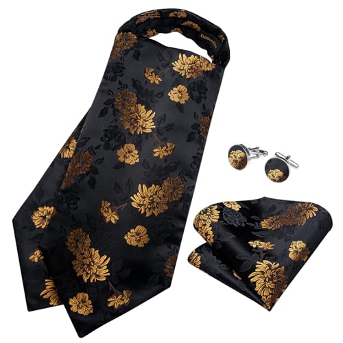 Image of DiBanGu Mens Silk Ascot Ties Paisley Jacquard Woven Cravat and Pocket Square Cufflinks with Lapel Pin for Business Wedding