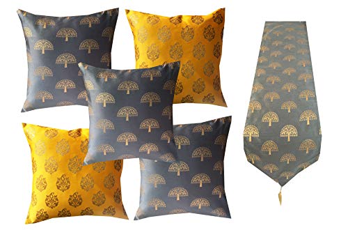 Pink parrot- Jacquard dopian Silk Multi Color Cushion Cover 5 pcs 16x16 inch and 1 pc Table Runner 12x70 inch-0AA149