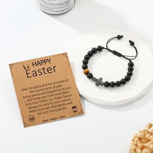 Image of P. BLAKE Cross Bracelet for Boys Men, American Flag Cross Natural Beads Bracelet Christian Religious Birthday Jewelry Gifts for Teen Boys