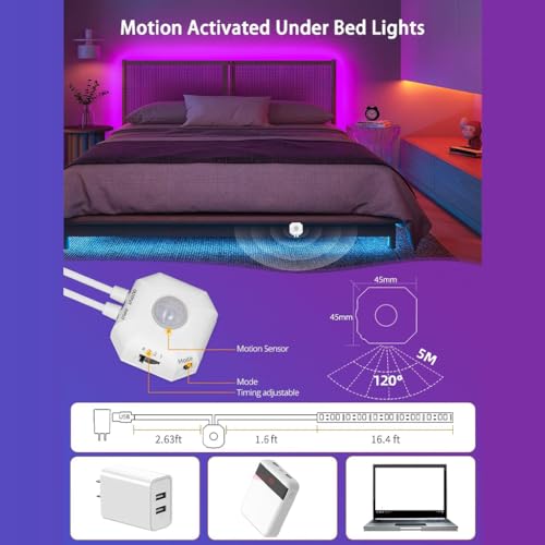 Image of Motion Sensor LED Cabinet Strip Light for Home 5M USB Closet Lamp Adhesive, App Control, Dimmable, Timer & Auto-Off, 7 Static & 4 Dynamic Modes Night Light with Sensor for Stairs, Kitchen, Wardrobe
