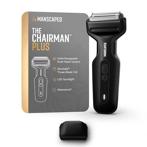 MANSCAPED The Chairman Plus Mens Foil Shaver - Two Interchangeable Blade Heads SkinSafe Three-Blade Foil & Precision Sideburn & Jawline Trimmer Face Shaver USB-C Charging