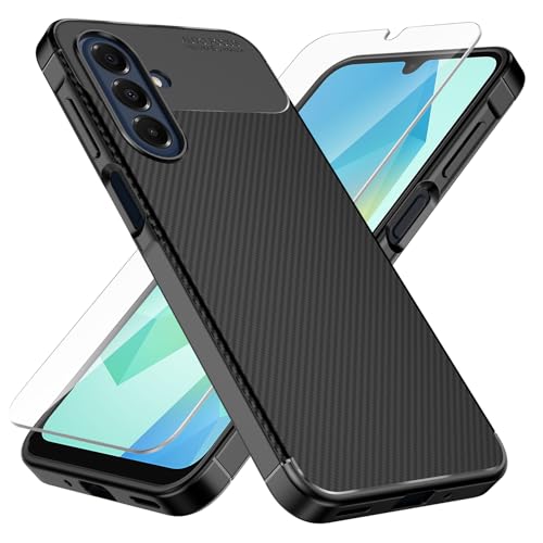 Ryphez for Samsung Galaxy A17 4G/5G case with Tempered Glarss Screen Protector,Anti-Fingerprint Shockproof Carbon Fiber Design Flexible Soft TPU Case (Black)