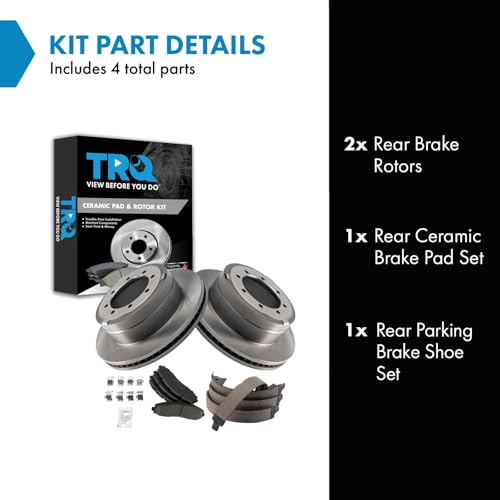 Image of TRQ Rear Brake Pad & Rotor Kit Parking Brake Shoe Set Ceramic Compatible with 2013-2019 Ford F-350 Super Duty 2013-2014 F-450 Super Duty