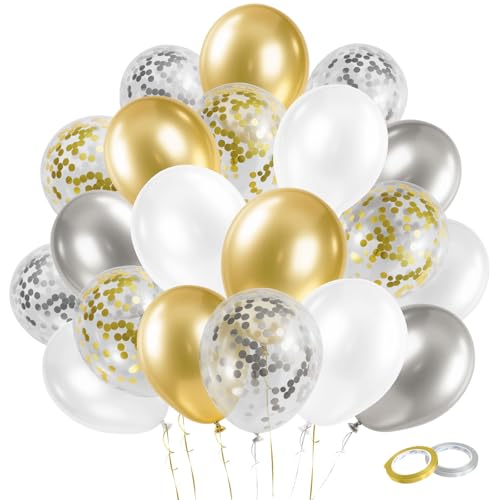 Gender Reveal 60 Pcs Balloons for Birthday Party12 Inch Gold and Silver Latex Metallic Balloons 12 Inch Gold and Silver Confetti Balloons for Birthday Party Wedding Anniversary