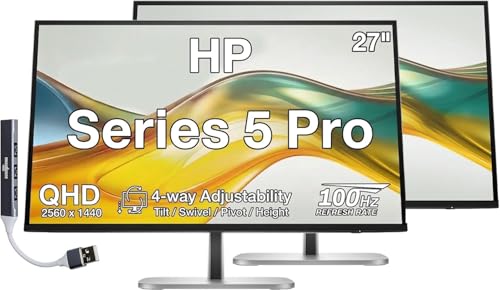 Image of HP Series 5 Pro 27 Inch QHD IPS Monitor with 5ms Response Time 2 Pack | 4-way adjustability, Anti-Glare, Flicker Free, VESA Mount 100mm, Displayport, HDMI & USB Port Expander, Silver /Black