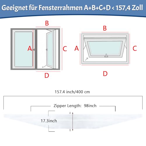 400CM Klimaanlage Fensterabdichtung mit Manschetten, Universal Flügelfenster Fensterabdichtung Klimaanlage Set Tragbares Fensterabdichtung für Mobile Klimageräte und Wäschetrockner