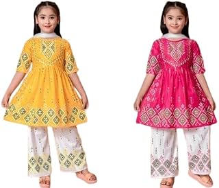 Kid Girls Rayon Short Sleeves Yellow Pink Floral Kurti Plazzo Set Pack of 2| Comfortable, Breathable, Lightweight, Skin Fr... Price In India