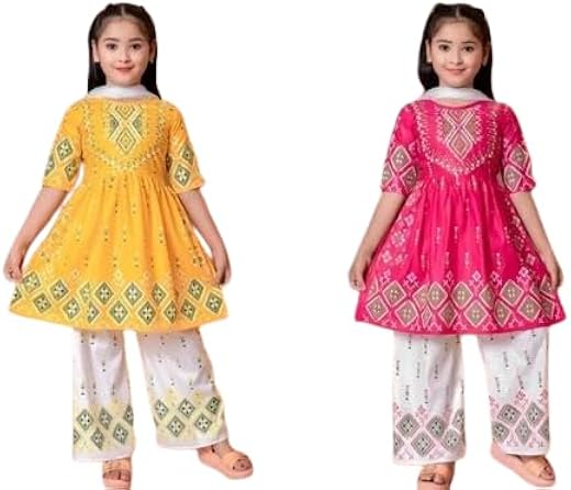 Kid Girls Rayon Short Sleeves Yellow Pink Floral Kurti Plazzo Set Pack of 2| Comfortable, Breathable, Lightweight, Skin Fr...