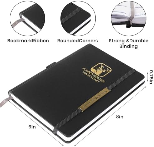 Mljtoyo Black 2024 Diary A5 Week to view, 18Monthly Week Diary from Jan.2024 to Jun 2025,Hardcover Productivity Planner With 100Gsm Thick Paper,Pen Hoop,Stickers,