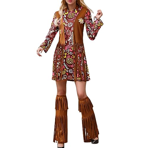 5 piezas de trajes de fiesta de cosplay para mujer, vestido hippie con estampado retro con pañuelo para la cabeza, borla y cubrepiernas para mujer, disfraz de Halloween, festival, carnaval, color