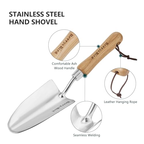 Berry&Bird Stainless Steel Trowel, Garden Small Flower Hand Shovel, Potting Soils Scoop with Wood Handle, Gardening Bonsai Tools for Transplanting Digging Weeding Planting - Thumbnail 2
