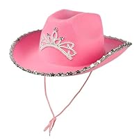 Pink Cowgirl Hat with Silver Tiara & Glitter Confetti Trim - Wide Brim, Girl's Cowboy Hat For Festivals, Bachelorette Parties, Concerts, Hen Night, Wild West, Fancy Costume Dress Accessories