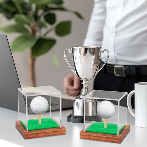 Image of 2 Pack Clear Acrylic Golf Ball Display Case with Wood Base & Tee, Memorabilia Stand Cube Holder, Dust Protection Transparent Storage Box for Single Ball Souvenir Golfball Collections