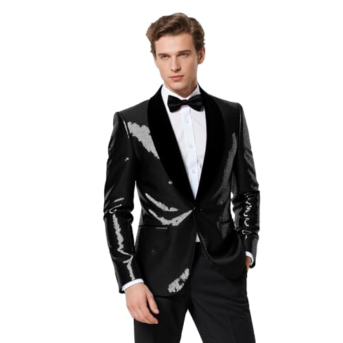 Mens Sequins Suit Shiny Jacket Sparkly Blazer Glitter Clothes Party Tuxedo Prom Festival Costume(Z3004BK 2XL)