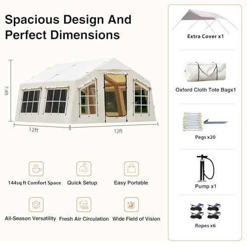 Image of KNUO Inflatable Camping Tent, Large Blow-Up Air Tent, No Assembly Needed Luxury Glamping House, Oxford Fabric
