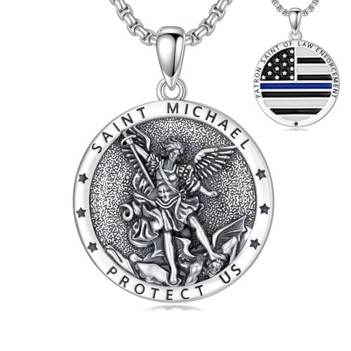 Seiyang St Michael Pendant for Police Law Enforcement Officers 925 Sterling Silver Round Archangel Michael Medalla de San Miguel American Flag Jewelry Religious Gifts