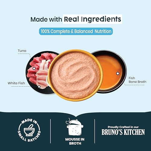 Image of Brunos Cat Wet Food - Tuna with Whitefish Mousse - 85g (Pack of 6) |for Cats & Kittens (All Life Stages)|90% Animal Ingredients|Infused with Prebiotic|Grain-Free|Supports Hydration & Skin