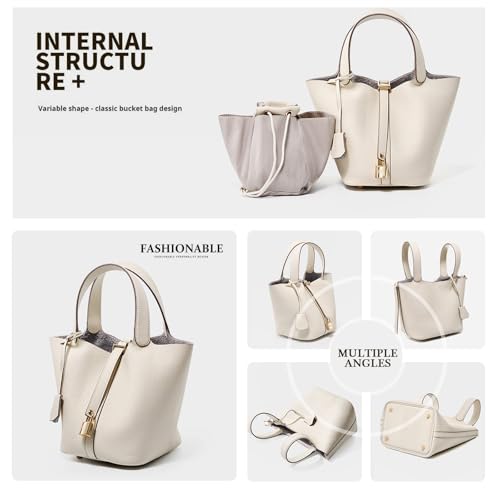 Genuine Leather Lock Design Bucket Bag Vegetable Basket Shoulder Handbag4