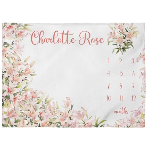 PUTALENG Customized Lilies Milestone Blanket, Personalized Baby Girl Month Blanket,